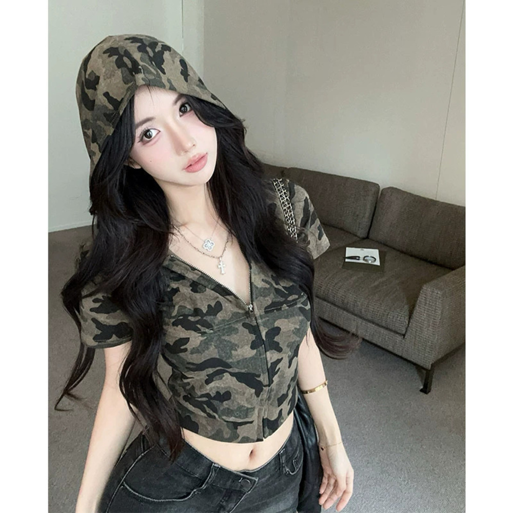 Zara Camo Hoodie Short Sleeve Crop Top Zip-Up